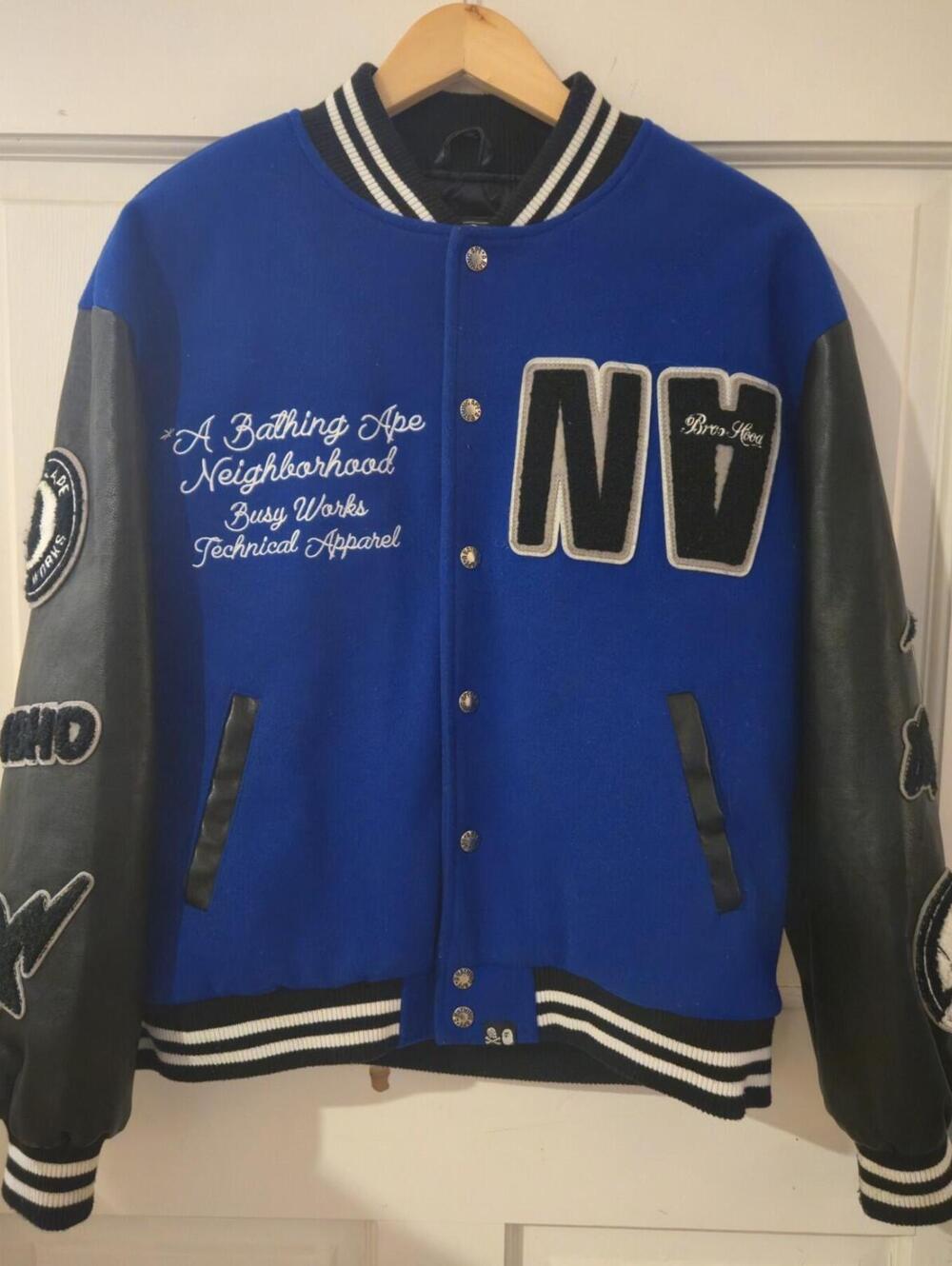 A BATHING APE x NEIGHBORHOOD Varsity Jacket Blue 100% AUTHENTIC MENS Size MEDIUM